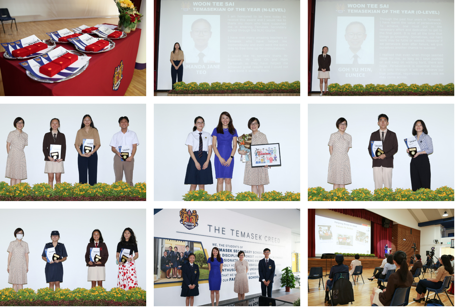 Nine-panel collage of a Temasek Secondary School awards ceremony with students and staff receiving medals and plaques.